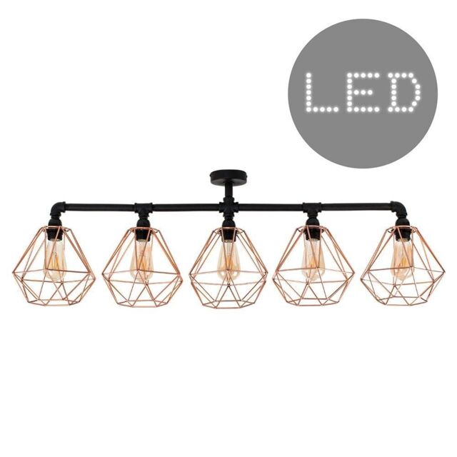 ValueLights 5 Way Satin Black Pipework Bar Ceiling Light with Copper Basket Cage Shades - With LED Filament Bulbs In Warm White - image 1