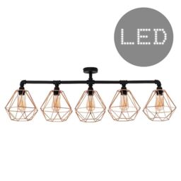 ValueLights 5 Way Satin Black Pipework Bar Ceiling Light with Copper Basket Cage Shades - With LED Filament Bulbs In Warm White - thumbnail 1