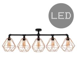 5 Way Satin Black Pipework Bar Ceiling Light with Copper Basket Cage Shades - With LED Filament Bulbs In Warm White
