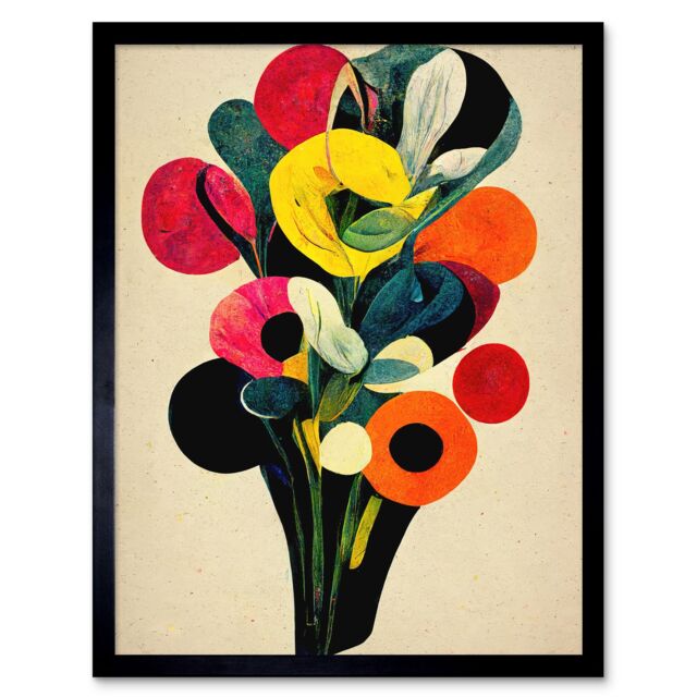 "Artery8 Wall Art Print Kandinsky Inspired Abstract Multicolour Flower Bouquet Art Framed in Black - Size: W12"" x H16""" - image 1