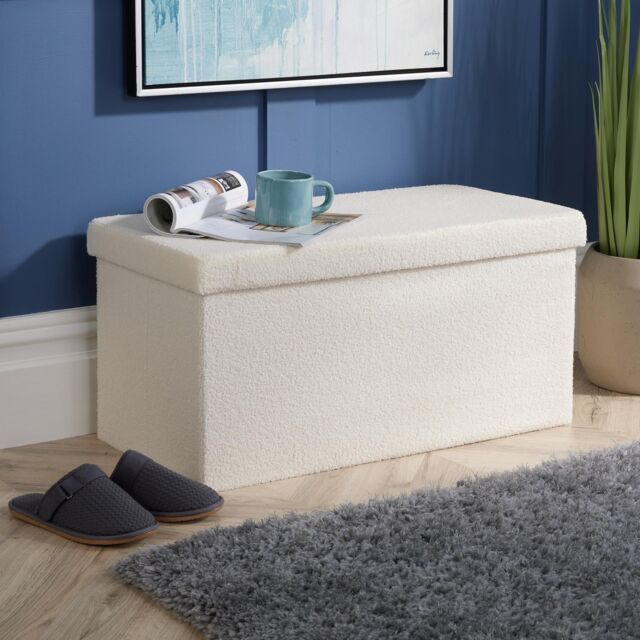 Home Source Folding Ottoman Chest Boucle Teddy Bear Fabric Solid Storage Box in Cream - image 1