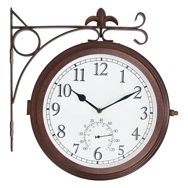 Primrose Outdoor Garden Station Clock With Thermometer Antique Bronze Double Sided 41cm in Brown - image 1
