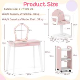 CASART Kids Wood Makeup Vanity Set Hair Salon Play Set w/LED Lighted Mirror in Pink - thumbnail 2