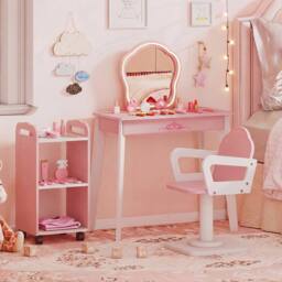 CASART Kids Wood Makeup Vanity Set Hair Salon Play Set w/LED Lighted Mirror in Pink - thumbnail 7