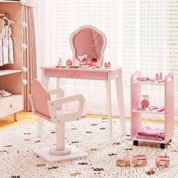 CASART Kids Wood Makeup Vanity Set Hair Salon Play Set w/LED Lighted Mirror in Pink - thumbnail 9