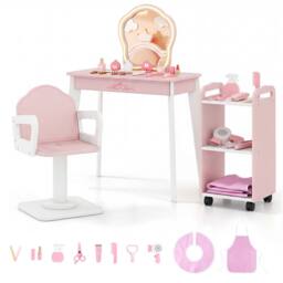 CASART Kids Wood Makeup Vanity Set Hair Salon Play Set w/LED Lighted Mirror in Pink