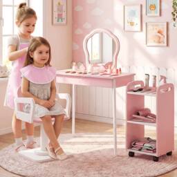 CASART Kids Wood Makeup Vanity Set Hair Salon Play Set w/LED Lighted Mirror in Pink - thumbnail 3