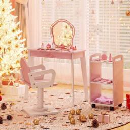 CASART Kids Wood Makeup Vanity Set Hair Salon Play Set w/LED Lighted Mirror in Pink - thumbnail 8