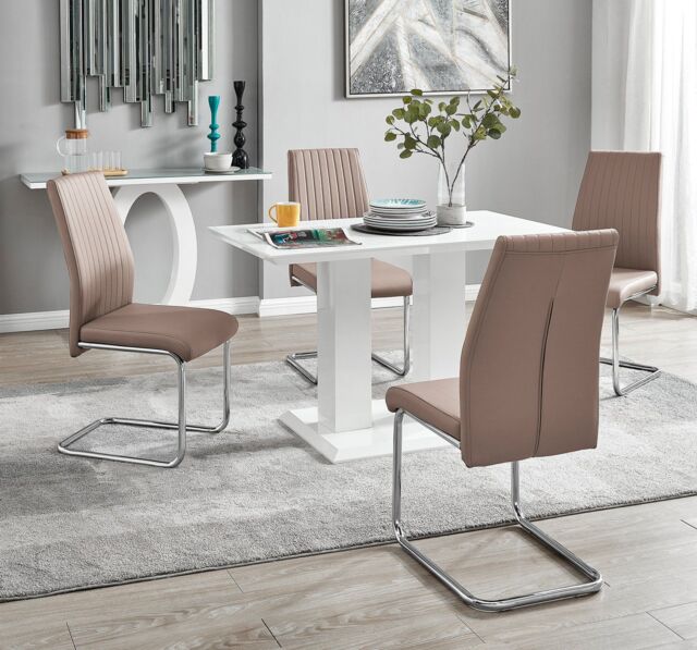 FurnitureboxUK Imperia 4 Seater Modern White High Gloss Rectangular Dining Table & 4 Lorenzo Faux Leather Chairs in Beige - image 1