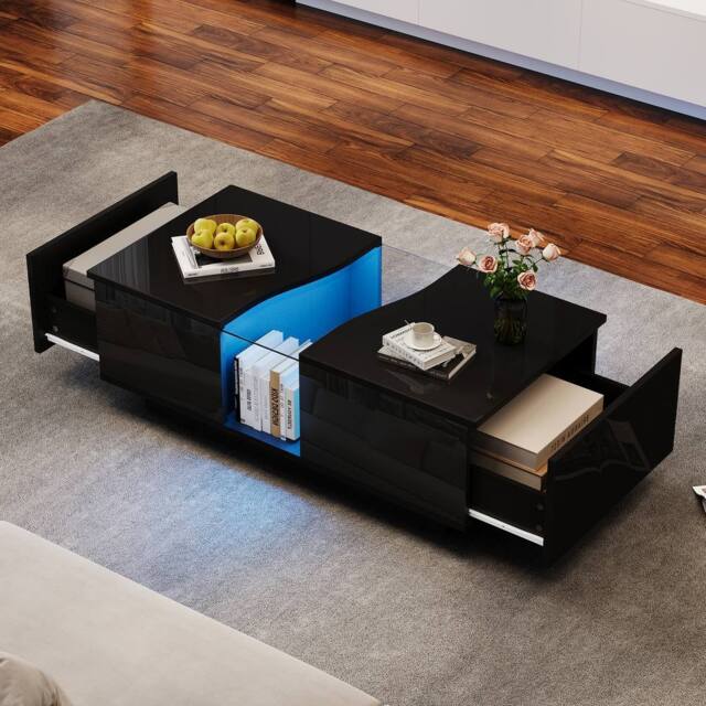 Rolipo Modern Black High Gloss LED Coffee Table with Storage Drawers - Size: 1 Pack - image 1