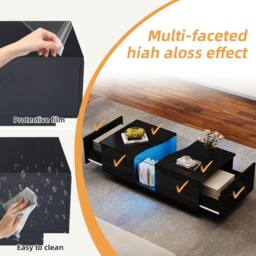 Rolipo Modern Black High Gloss LED Coffee Table with Storage Drawers - Size: 1 Pack - thumbnail 2