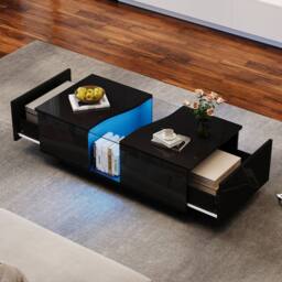 Rolipo Modern Black High Gloss LED Coffee Table with Storage Drawers - Size: 1 Pack - thumbnail 1