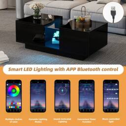 Rolipo Modern Black High Gloss LED Coffee Table with Storage Drawers - Size: 1 Pack - thumbnail 3