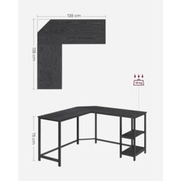 VASAGLE L-Shaped Corner Gaming Desk with 2 Storage Shelves Space Saving in Black - thumbnail 2