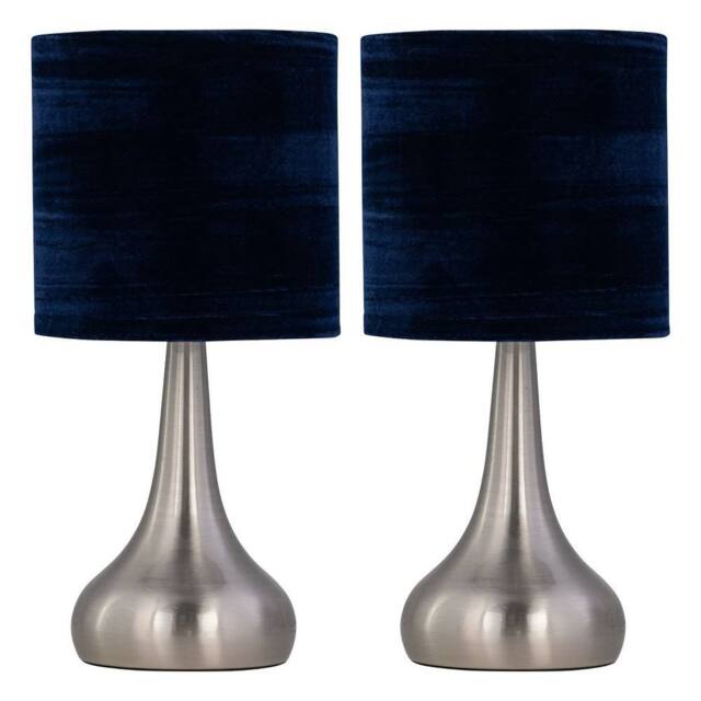 First Choice Lighting Set of 2 Romana - Brushed Chrome Touch Table Lamps Navy Blue Shades in Silver - image 1