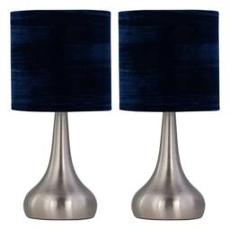 First Choice Lighting Set of 2 Romana - Brushed Chrome Touch Table Lamps Navy Blue Shades in Silver - thumbnail 1