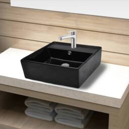 Berkfield Home Elegant Ceramic Bathroom Sink Basin Faucet /Overflow Hole Black Square - thumbnail 2