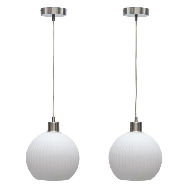 First Choice Lighting Set of 2 Betchley - White Ribbed Glass Globe with Satin Nickel Pendant - image 1