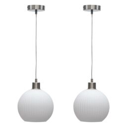 First Choice Lighting Set of 2 Betchley - White Ribbed Glass Globe with Satin Nickel Pendant