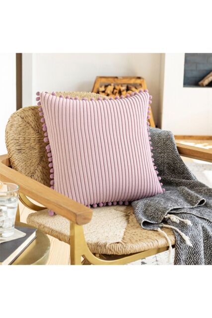 Living and Home Polyester Cushion Cover with Pom-Pom Trim in Pink - image 1