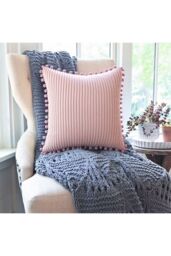 Living and Home Polyester Cushion Cover with Pom-Pom Trim in Pink - thumbnail 2