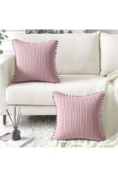Living and Home Polyester Cushion Cover with Pom-Pom Trim in Pink - thumbnail 4