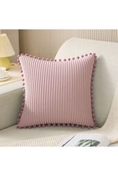 Living and Home Polyester Cushion Cover with Pom-Pom Trim in Pink - thumbnail 3