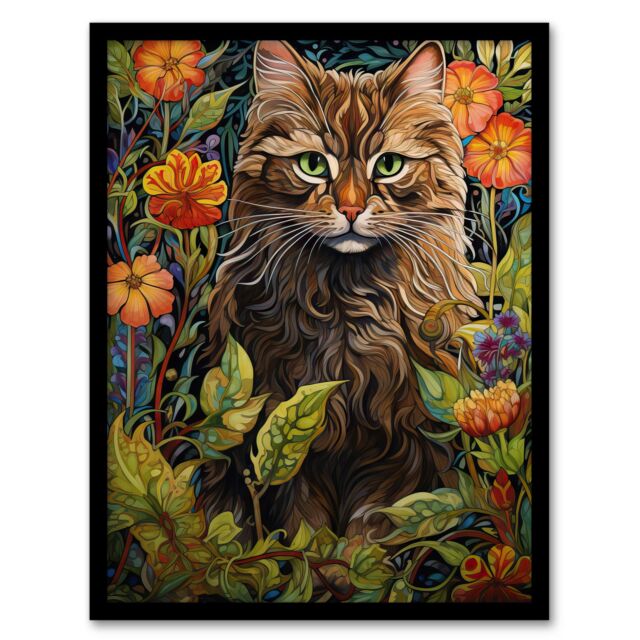 Artery8 Wall Art Print Cat In Flower Field Blooms Stylised Graphic Painting Colourful Psychedelic Animal Portrait Art Framed in Green - Size: A4 - image 1