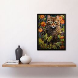 Artery8 Wall Art Print Cat In Flower Field Blooms Stylised Graphic Painting Colourful Psychedelic Animal Portrait Art Framed in Green - Size: A4 - thumbnail 4