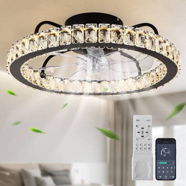 Garwarm Dimmable Crystal Ceiling Fan with LED Light & Remote Control & APP in Black - image 1