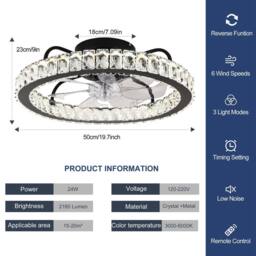 Garwarm Dimmable Crystal Ceiling Fan with LED Light & Remote Control & APP in Black - thumbnail 4