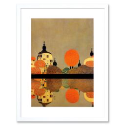 "Artery8 Wall Art Print Gustav Klimt Style Autumn Lakeside Town Church Reflection Artwork Framed 9X7 Inch in White - Size: W7"" x H9""" - thumbnail 1