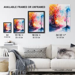 "Artery8 Autumn Forest Sunrise Dream Watercolour Painting Wall Art Print - Size: W12"" x H16""" - thumbnail 3