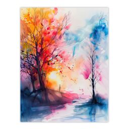 "Artery8 Autumn Forest Sunrise Dream Watercolour Painting Wall Art Print - Size: W12"" x H16""" - thumbnail 1