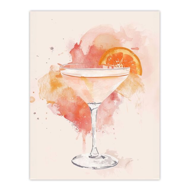 "Artery8 Sidecar Cocktail Pastel Pink Orange Watercolour Wall Art Print - Size: W24"" x H32""" - image 1