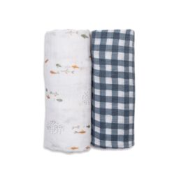 Lulujo 2-pack Cotton Swaddles - Fish / Navy Gingham - thumbnail 2