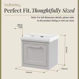 Balterley Wall Hung 1 Drawer Vanity Unit & 0TH Fireclay Basin, 500mm, Grey - thumbnail 5
