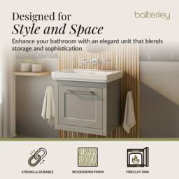 Balterley Wall Hung 1 Drawer Vanity Unit & 0TH Fireclay Basin, 500mm, Grey - thumbnail 2