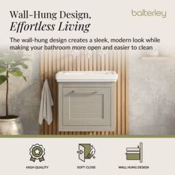 Balterley Wall Hung 1 Drawer Vanity Unit & 0TH Fireclay Basin, 500mm, Grey - thumbnail 3