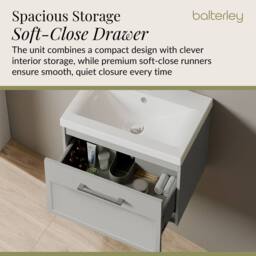 Balterley Wall Hung 1 Drawer Vanity Unit & 0TH Fireclay Basin, 500mm, Grey - thumbnail 4