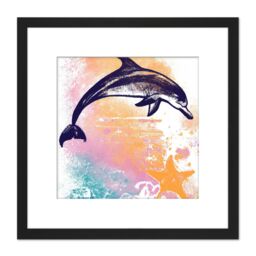 Artery8 Dolphin Jumping Out of Ocean Sunset Starfish Pastel Watercolour Painting Square Wooden Framed Wall Art Print Picture 8X8 Inch in Black - thumbnail 1