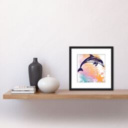 Artery8 Dolphin Jumping Out of Ocean Sunset Starfish Pastel Watercolour Painting Square Wooden Framed Wall Art Print Picture 8X8 Inch in Black - thumbnail 2