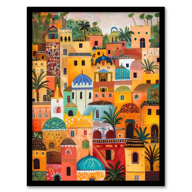 "Artery8 Colourful Moroccan Cityscape Painting Exotic Sun Framed Art Print in Orange - Size: W12"" x H16""" - image 1
