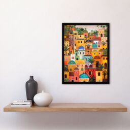 "Artery8 Colourful Moroccan Cityscape Painting Exotic Sun Framed Art Print in Orange - Size: W12"" x H16""" - thumbnail 4