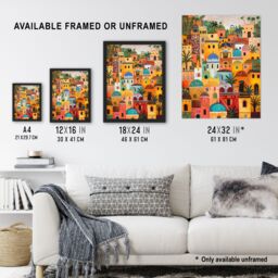 "Artery8 Colourful Moroccan Cityscape Painting Exotic Sun Framed Art Print in Orange - Size: W12"" x H16""" - thumbnail 3