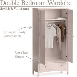 Christow Pink Double Wardrobe with Drawer 2 Door Bedroom Storage Furniture Cupboard - thumbnail 3