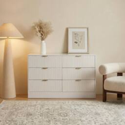 OHS Solid Ribbed 6 Drawer Chest of Drawers Cabinet Sideboard Storage Unit in Cream - thumbnail 1