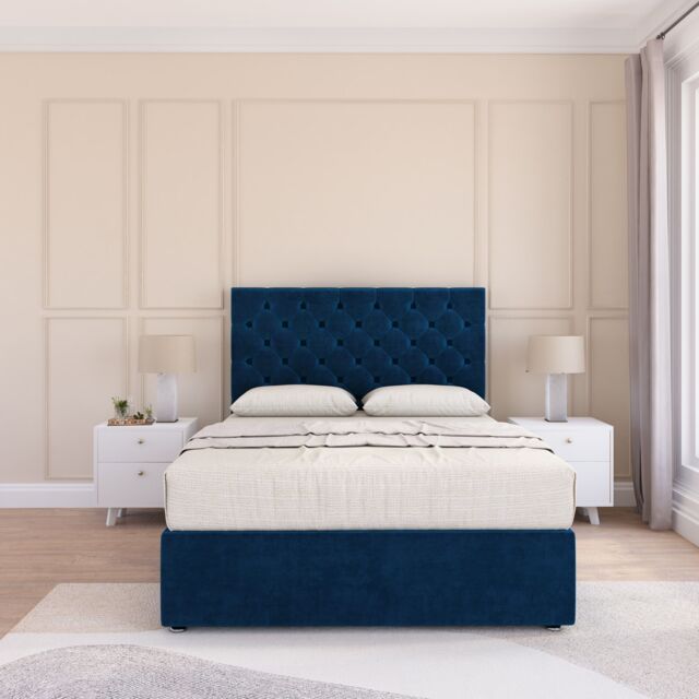 Sloomy Mayfair Plush Velvet Memory Foam Bed Set With No Drawers, Mattress & Headboard in Navy - Size: Small Single - image 1