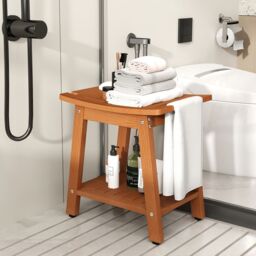 Costway Shower Bench Seat HIPS Shower Stool w/Handle & Shower Head in Brown - thumbnail 3