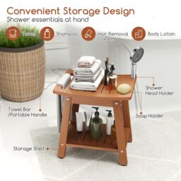 Costway Shower Bench Seat HIPS Shower Stool w/Handle & Shower Head in Brown - thumbnail 6